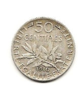50 Centimes  "semeuse " 1910 ARGENT    TTB - 50 Centimes