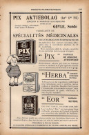 PUB 1921 - Spécialités Médicinales Pix Aktiebolag Gevle Suède, Recueils Prix Transport SNCF Pouey 33 Bordeaux - Pubblicitari