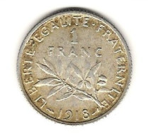 1 Franc  "Semeuse  " 1918 ARGENT   TTB+ - 1 Franc