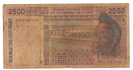 W.A.S. IVORY COST P112Ab 2500 FRANCS (19)93 1993  FINE - États D'Afrique De L'Ouest