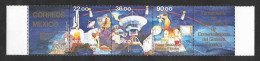 SE)1985 MEXICO, LAUNCH OF THE 1ST COMMUNICATIONS SATELLITE OF THE MORELOS SYSTEM SCT1388, STRIP OF 3 BELLS PLUS LABEL, M - Mexico