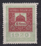 Hungary 1920 Revenue Stamp, Complete Intact Gum - Fiscaux