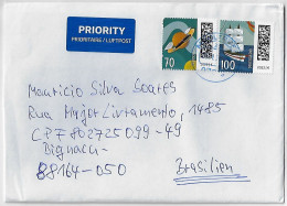 Germany 2024 Priority Cover From Mühltroff To Biguaçu Brazil 2 Stamp World Of Letters Series Saturn Sailship Data Matrix - Lettres & Documents