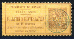 RC 27184 MONACO COTE 570€ N° 1 TIMBRE TÉLÉPHONE 50c BRUN SUR JAUNE OBLITÉRATION DE 1894 EN BLEU ( VOIR DESCRIPTION ) - Telefon