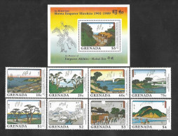 SE)1989 GRANADA, IN MEMORY OF EMPEROR AKIHITO, JAPANESE ART - HIROSHIGE PAINTINGS, SS AND 8 STAMPS MNH - Grenade (1974-...)