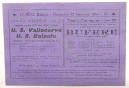 Calcio - Locandina Partita 3^ Divisione - U.S. Vallecervo - U.S. Balzola - 1933 - Altri & Non Classificati