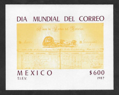 SE)1987 MEXICO, WORLD POST DAY 600P SCT 1526, IMPERFORATED SS, MNH - Mexico