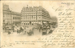 75 PARIS HOTEL TERMINUS GARE SAINT LAZARE UNE VOITURE A BRAS PARMI LE FLOT DE VOITURES HYPPOMOBILES - Cafés, Hôtels, Restaurants