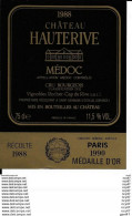 Etiquettes De Vin.  Château HAUTERIVE 1988   (Médoc, Cru Bourgeois).  Rocher-Cap De Rive. ..I 096 - Bordeaux