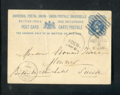 "INDIEN" 1881, "SEEPOST", Postkarte Mit U.a. Stempel "SEA POSTOFFICE" In Die Schweiz (A0079) - Postcards