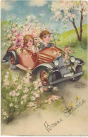 1327 - Enfants Au Volant D'une Voiture Fleurie - Bonne Année - Petersen, Hannes