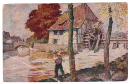 1928 POSTCARD WATER MILL BRIDGE ANGLER FISHERMAN A.BERNHARDI USED POSTCARD ESTONIA VÕHMUTA KARINU CANCELLATIONS - Estonia