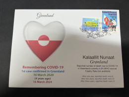 16-3-2024 (3 Y 12) COVID-19 4th Anniversary - Greenland - 16 March 2024 (with Greenland Flag Stamp) - Malattie