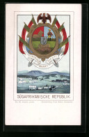 Lithographie Südafrikanische Republik, Wappen Und Landschaft  - Genealogie
