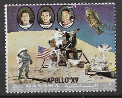 MANAMA 1971 - MISSION APOLLO XV,COSMONAUTES IRWIN, SCOTT ET WORDEN, TIMBRE EN OBLITERATION RONDE, VOIR LE SCANNER - Manama