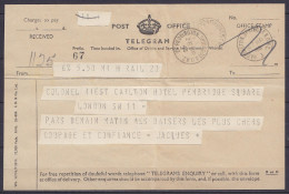 Télégramme "Post Office Telegram" De LONDRES Pour E/V Càd Arrivée "PADDINGTON.SPRING.ST.B.O.W.2 /27 MR 1943" - Brieven En Documenten