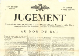 Placard - Jugement Qui Condamne Un Déserteur Du Bataillon Des Colonies "à Cinq Ans De Boulet" - 20 Cotobre 1821 LA ROCHE - Documenti