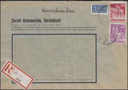 85wg + 90wg Bauten-MiF R-Brief Not-R-Zettel DARMSTADT 3 Nach WORMS 2.12.48 - Lettres & Documents