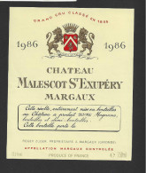 Etiquette De Vin  -   Chateau Malescot Saint Ezupéry  -  Margaux -  1986  -  Grand Cru Classé - Bordeaux