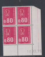 France N° 1816 XX Type Béquet : 80 C. Rouge En Bloc De 4 Coin Daté Du 10 . 12 . 75 ; 3 Bdes Ph. Ss Charnière, TB - 1970-1979