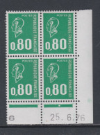 France N° 1891 XX Type Béquet : 80 C. Vert En Bloc De 4 Coin Daté Du  25 . 6 . 76; 1 Point Blanc,  Ss Charnière, TB - 1970-1979