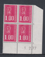 France N° 1892 XX Type Béquet : 1 F. Rouge En Bloc De 4 Coin Daté Du 3 . 2 . 77;   Sans Trait,  Ss Charnière, TB - 1970-1979