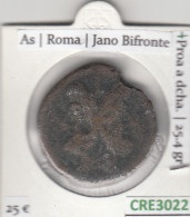 CRE3022 MONEDA ROMANA AS JANO BIFRONTE PROA - Altri & Non Classificati