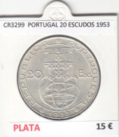 CR3299 MONEDA PORTUGAL 20 ESCUDOS 1953 MBC PLATA - Andere - Europa