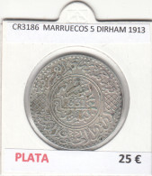 CR3186 MONEDA MARRUECOS 5 DIRHAM 1913 MBC PLATA - Andere - Afrika