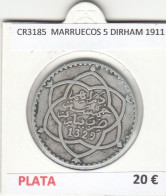 CR3185 MONEDA MARRUECOS 5 DIRHAM 1911 MBC PLATA - Autres – Afrique