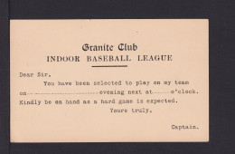 2 C. Ganzsache Mit Vordruck "Granite Club Indoor Baseball League..:" - Ungebraucht - Béisbol
