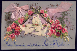 +++ CPA - Fantaisie Celluloïd - Ste Catherine - Ruban Rose - Découpi - Fleur - Rose - Colombe - Relief // - Sainte-Catherine