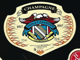 Etiquette Champagne  Alain Vesselle  Bouzy Marne 51 Harley Davidson Avec Sa Collerette - Champagner