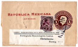 Mexico 1911, 1 C On 1 C. Stationery Wrapper To Norway From Observ. Meteorologico - Mexico