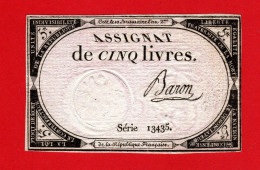 ASSIGNAT DE 5 LIVRES - 10 BRUMAIRE AN 2  (31 OCTOBRE 1793) - BARON - REVOLUTION FRANCAISE  C - Assignats & Mandats Territoriaux