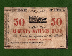 USA Note CIVIL WAR 1861 Augusta Savings Bank GEORGIA Pay 50 Cents In CONFEDERATE Notes COVERED WAGON - Confederate Currency (1861-1864)