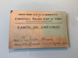 Carte De Gréviste - Cimentiers, Maçons D’ Art Et Aides De La Région Parisienne. - Altri & Non Classificati