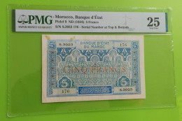 MAROC MOROCCO MARRUECOS MAROKKO BANQUE D'ETAT 5 FRANC 1924 PMG VF - Marocco