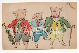 Cpa  " Dessin De 3 Cochons Habillés En Costume Et Marinière " ( Canne Et Parapluie ) - Animaux Habillés