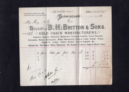 BIRMINGHAM - Facture 1933 - Bought Of B.H. BRITTON & SONS - Gold Chain Manufacturers - Regno Unito