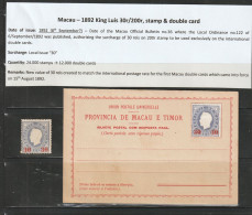 Macau Macao 1892 Luis 30r/200r Stamp + Double Card. Unused. Stamp W/fault. - Ongebruikt