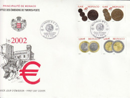 (Sous La Faciale) " PIECES EN EUROS " Sur Enveloppe 1er Jour Grd Format De MONACO 2002 N°YT 2356 à 2359 Parf état FDC - Coins