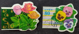 JAPAN - Flowers, Lot Of 2 Die Cut Odd Shape Stamps, Fine Used - Usados