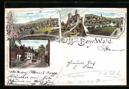 Lithographie Zwiesel, Gaststätte Waldhaus, Burg Weissenstein, Ortsansichten Zwiesel Und Regen  - Zwiesel