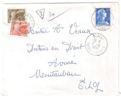 ALBIAS Tarne Et Garonne Lettre 2° Ech Affranchie 20 F Muller Ob 2 11 1957 TAXE Gerbe Double Insuffisance 30 F Yv 76 77 - 1859-1959 Storia Postale