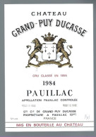 Etiquette Vin  Chateau  Grand Puy Ducasse  Grand Cru Classé Pauillac 1984 - Bordeaux