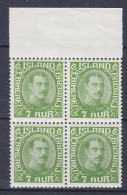 Iceland 1933 Mi. 160, 7 Aur König King Christian X. 4-Block M. Rand W. Top Margin, MNH** (2 Scans) - Nuovi