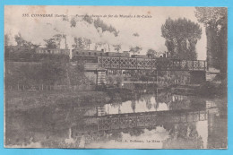 CONNERRE (72) LOCOMOTIVE A VAPEUR SUR PONT CHEMIN DE FER CPA DATEE DE 1916 PHOTOS R/V - Connerre