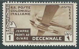 1933 EMISSIONI GENERALI POSTA AEREA DECENNALE 1 LIRA MH * - RA21-2 - Emissioni Generali