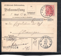 1904 , 10 Pfg. ,klar  "BOPFINGEN 23.MRZ 04 " (Württemberg ) ,selt Postanweisung , Bedarf über 1,15 Mark, R !  #1507 - Cartas & Documentos